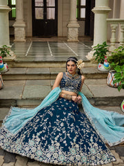 Navy blue colour Organza Sequinse embroidery Semi Stitched Lehenga choli and Dupatta