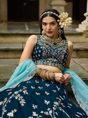 Navy blue colour Organza Sequinse embroidery Semi Stitched Lehenga choli and Dupatta