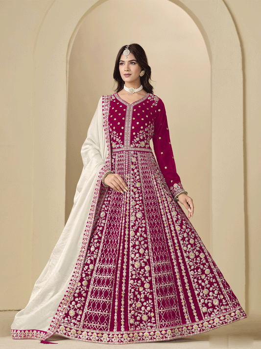 Velvet Embroidered Pink Anarkali Suit For Wedding Wear