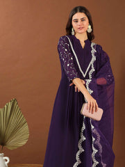 Women Purple Floral Embroidered Pleated Thread Work Kurta with Palazzos & With Dupatta