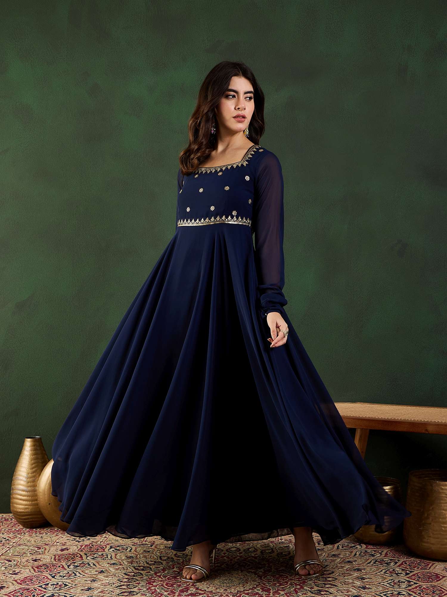 Women Floral Zari and Sequined Embroidered Fit - Flare Ethnic Dress S-36 Women Floral Zari and Sequined Embroidered Fit - Flare Ethnic Dress S-36