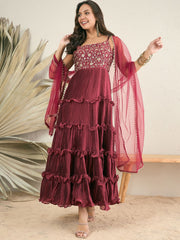 Women Maroon Ethnic Motifs Yoke Design Anarkali Kurta