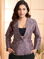 Mauve Floral Printed Lapel Collar Formal Tailored Jacket