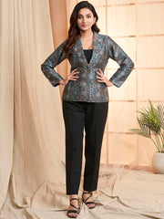 Blue Floral Printed Lapel Collar Formal Tailored Jacket