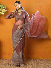 Brown Floral Net Embroidered Saree