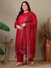 Women Abstract Printed and Sequinned Embroidered Kurta Set with Dupatta