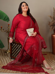 Women Abstract Printed and Sequinned Embroidered Kurta Set with Dupatta