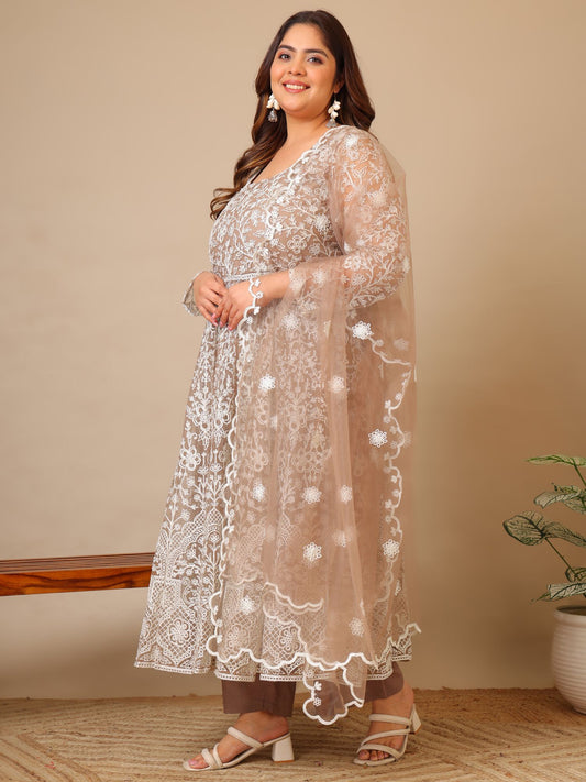 Women Floral Embroidered Empire Thread Work Kurta with Trousers & With Dupatta