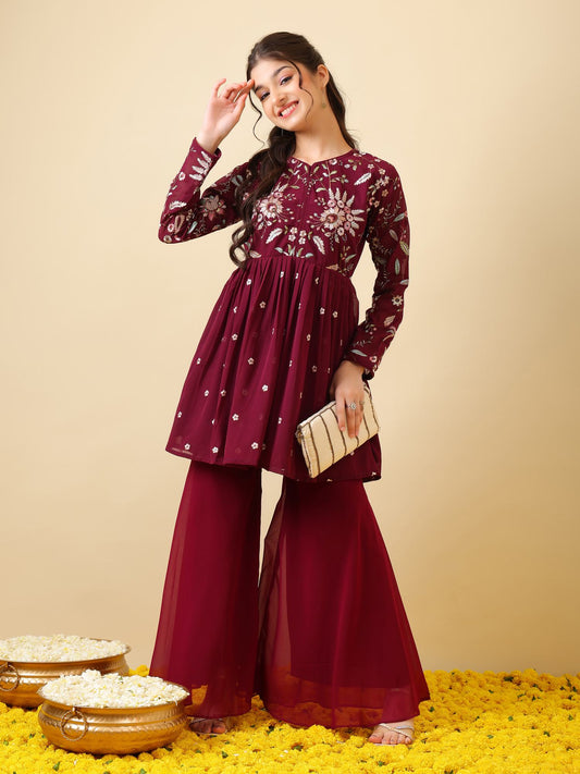 Girls Floral Embroidered Empire Thread Work Kurti with Sharara