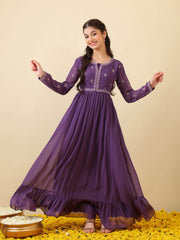 Girls Floral Thread & Sequinned Embroidered Ethnic Dress
