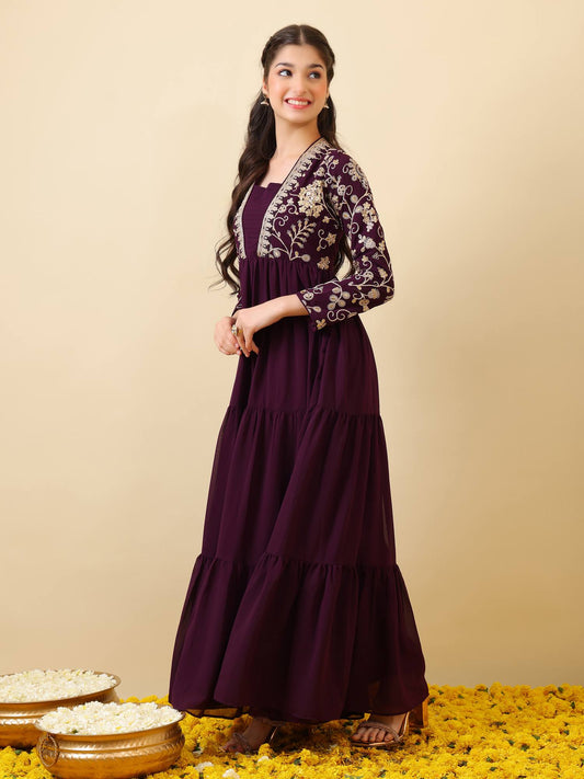 Girls Floral Zari & Sequinned Embroidered Ethnic Dress