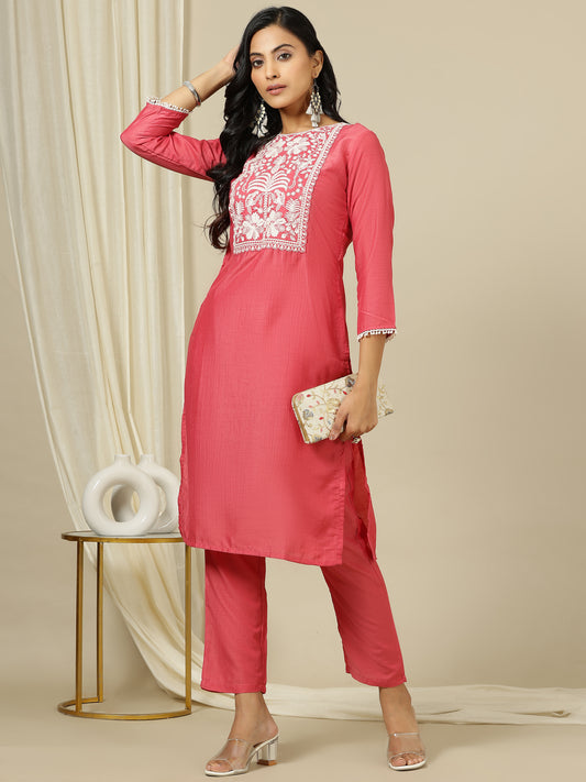 Women Floral Yoke Design Regular Thread Work Kurta with Trousers