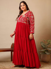 Embroidered V-Neck Fit & Flare Ethnic Dresses