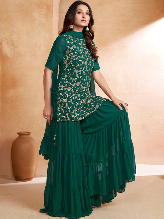Green Floral Embroidered Kurta With Sharara & Dupatta