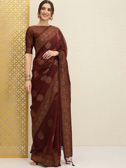 Maroon & Bronze-Toned Ethnic Motifs Beads and Stones Saree