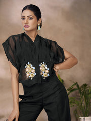 Organza Black Patch Work Casual Kurti