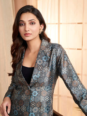 Blue Floral Printed Lapel Collar Formal Tailored Jacket