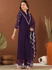 Women Purple Floral Embroidered Pleated Thread Work Kurta with Palazzos & With Dupatta