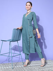 Women Angrakha Gotta Patti Chanderi Cotton Kurta with Trousers