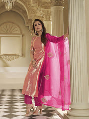 Women Jacquard Paisley Motif Embroidered Yoke Design Kurta Set with Dupatta