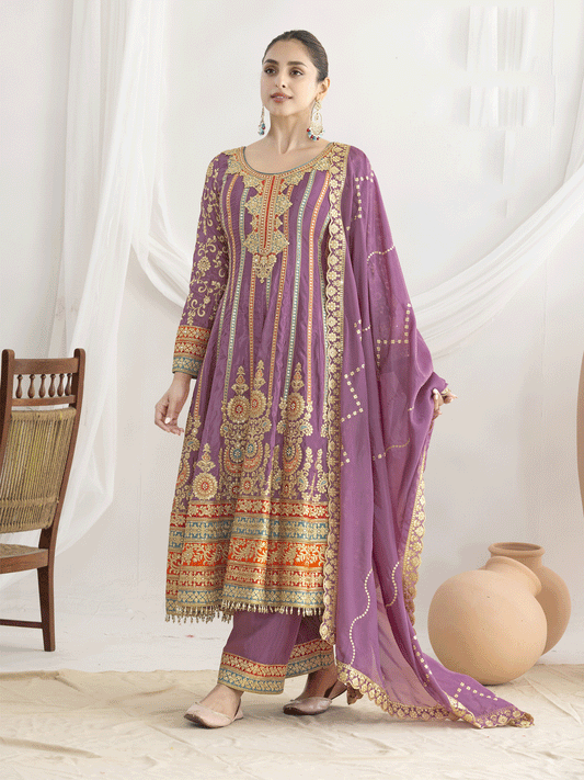 Purple Dabka Dori and Mirror Anarkali Style Pant Suit