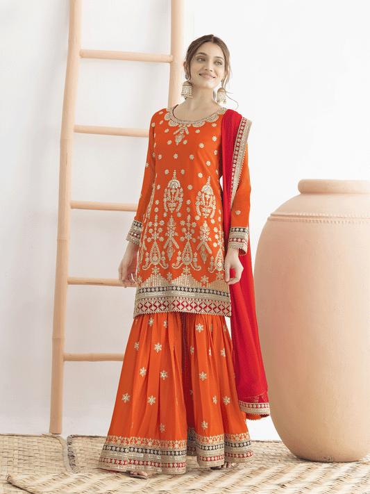 Orange Beautiful Dabka Dori Gharara Style Suit