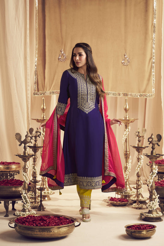 Malaika Arora Women Floral Yoke Design Regular Thread Work Kurta with Trousers & With Dupatta