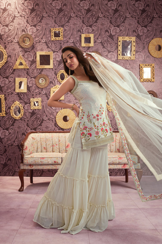 Malaika Arora Women Floral Embroidered Regular Sequinned Kurti with Sharara & With Dupatta