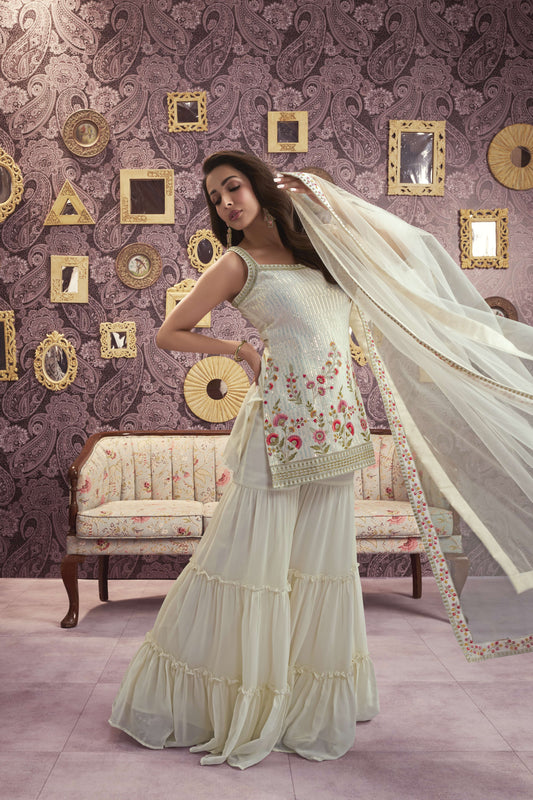 Malaika Arora Women Floral Embroidered Regular Sequinned Kurti with Sharara & With Dupatta