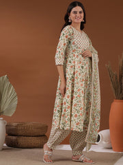 Beige Floral Printed Notched Neck Empire Gotta Patti A-Line Kurta Pants & Dupatta