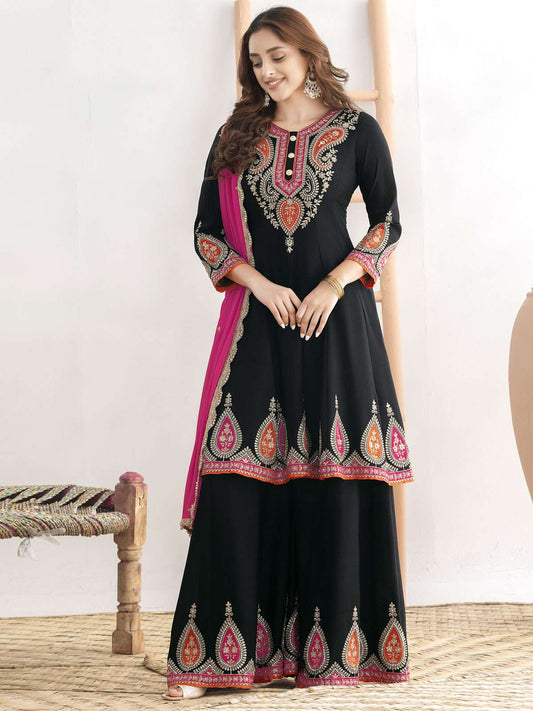 Cream White Multi Embroidery Anarkali Palazzo Suit