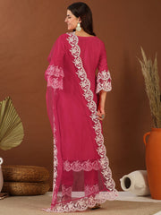 Magenta Thread Work Round Neck Straight Kurta with Trousers & With Dupatta