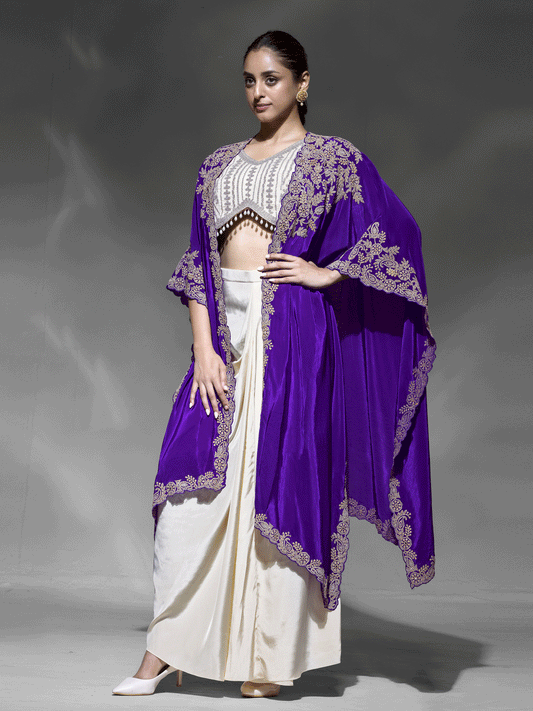 Pretty Cream Cowl Style Skirt Dress with Purple Shurg