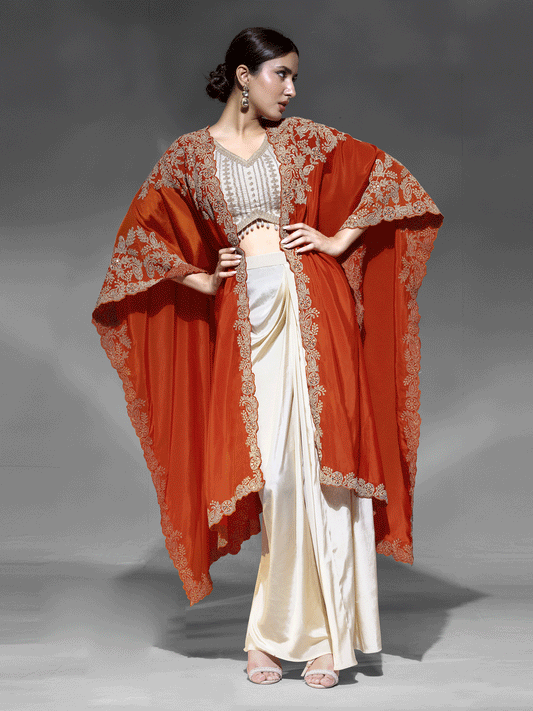 Pretty Cream Cowl Style Skirt Dress with Orange Shurg