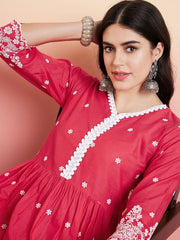 Pink & White Floral Embroidered Flared V-Neck Kurta & Palazzo