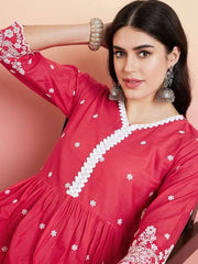 Pink & White Floral Embroidered Flared V-Neck Kurta & Palazzo