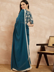 Teal Floral Embroidered Saree