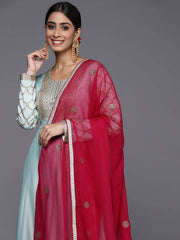 Women Turquoise Blue & Gold-Toned Embroidered Georgette Anarkali Kurta