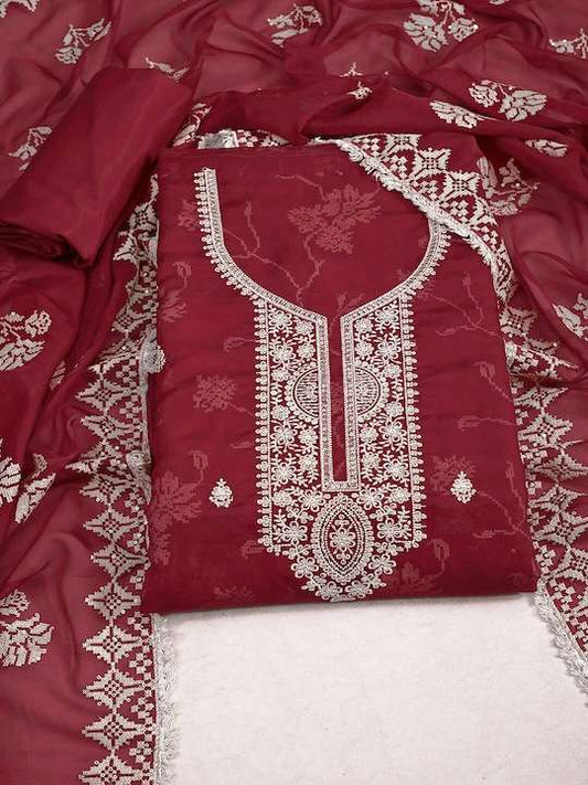 Maroon Floral Embroidered Sequinned Unstitched Dress Material