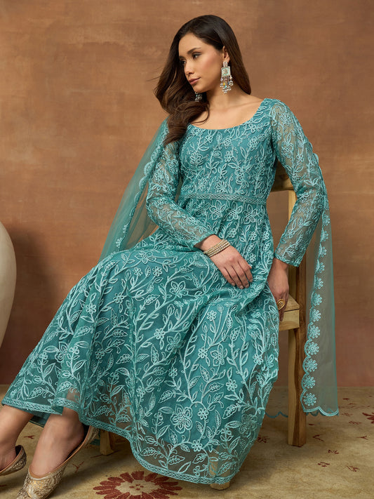 Women Floral Embroidered Tiered Thread Work Kurta with Trousers & With Dupatta