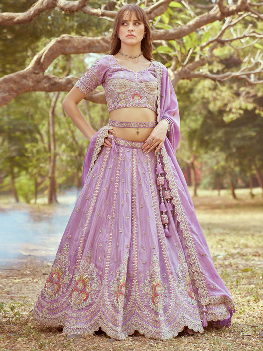 Lavender Gold crushed Tissue Fabric Moti, Zari work Semi-Stitched Lehenga choli & Dupatta