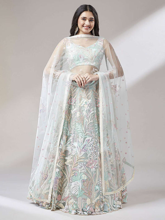 Lime Green Net Sequinse Work Semi-Stitched Lehenga & Unstitched Blouse with Dupatta