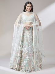 Lime Green Net Sequinse Work Semi-Stitched Lehenga & Unstitched Blouse with Dupatta