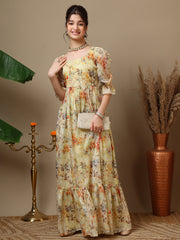 Floral Printed Bell Sleeve Maxi Ethnic Dresses