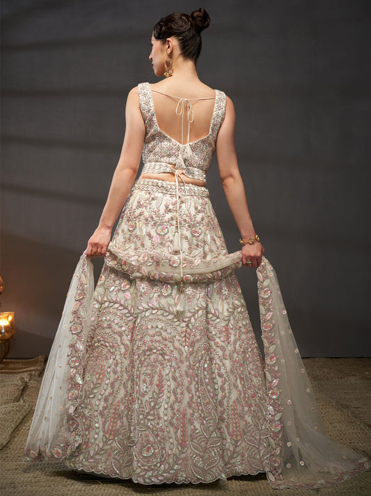 Cream Net Multi Sequins with heavy Zarkan embroidery Semi-Stitched Lehenga choli and Dupatta