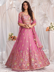Pink Organza Sequins embroidery Semi Stitched Lehenga choli and Dupatta