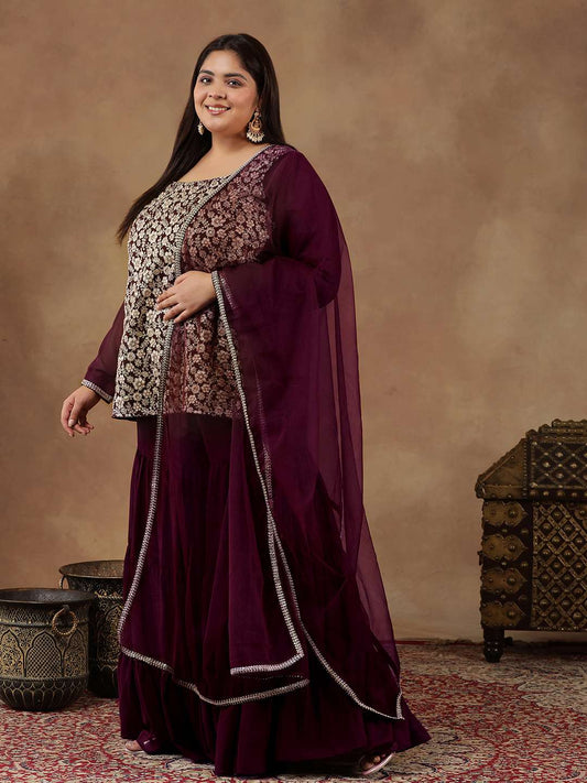 Floral Embroidered Regular Sequinned Straight Kurti with Sharara & Dupatta