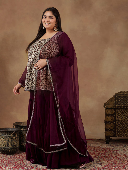 Floral Embroidered Regular Sequinned Straight Kurti with Sharara & Dupatta