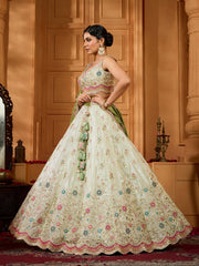 Limegreen Tissue Fabric Sequins embroidery Semi-Stitched Lehenga & Unstitched Blouse With Dupatta