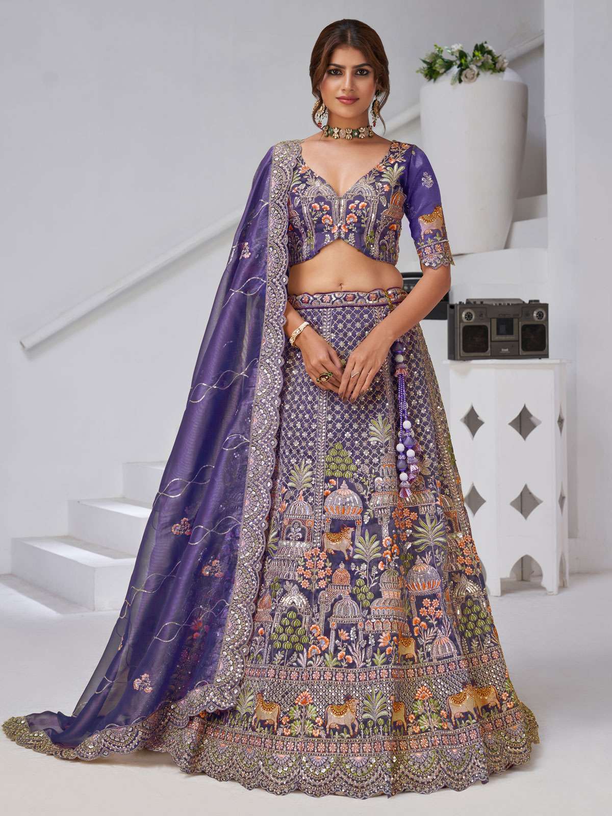 Pink Temple & Cow Motifs Bridal Lehenga Choli